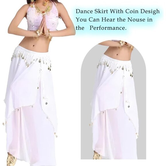 Women\'s White Imported Chiffon Belly Dance Costume Indian Dance Skirt with Coins main image 5